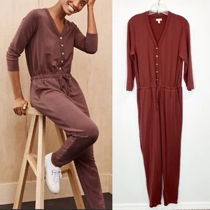 Garnet Hill traverse Knit Jumpsuit Size M Tencel stretchy soft pockets mohogany - Picture 1 of 9
