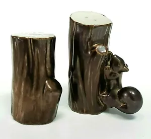 POTTERY BARN Salt And Pepper Shakers Ceramic Squirrel Tree Trunk Metallic Brown - Picture 1 of 8