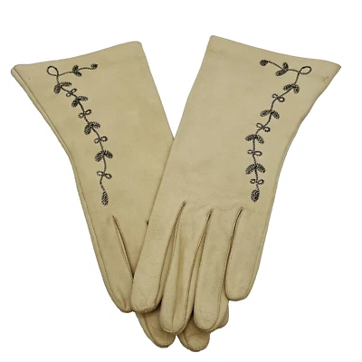 复古女式 7 象牙色奶油鹿皮手套桌切刺绣 — 第 1/4 张图片