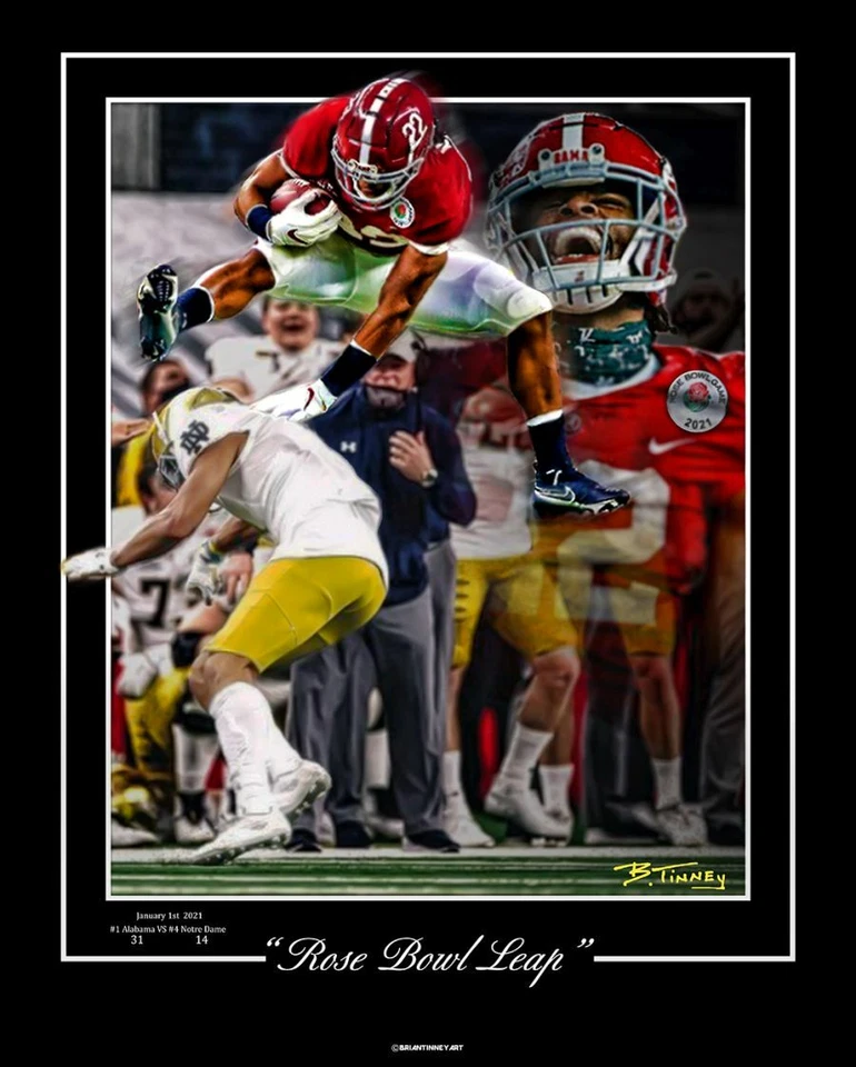 ALABAMA FUTBOL NAJEE HARRIS ROSE BOWL SALTO 2020 ROSE BOWL HURDLE IMPRESIÓN TINNEY Foto 1 de 1