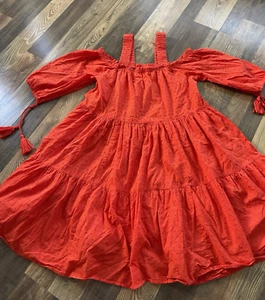 H&M Cold Shoulder Dress 3/4 Puff Sleeves Orange Textured Size 4 Oversized - Picture 1 of 13