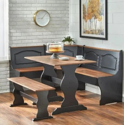 Black Corner Set Nook Dining Breakfast Bench Table Kitchen Wood Solid Booth Top - Image 1 of 4