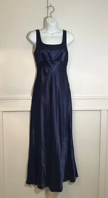 Vestido Vintage Años 80 Azul Marino Satinado Estilo Bridgerton Imperio Cintura Corsé Espalda Foto 1 de 4