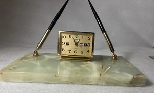Scottco Green Onyx Desk Clock and Pen Set 2 Pens Original Box Alabaster - Picture 1 of 7