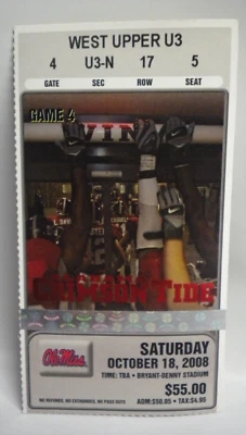 Boleto de fútbol americano Alabama Crimson Tide Ole Miss 2008 auténtico Saban Mississippi Foto 1 de 3