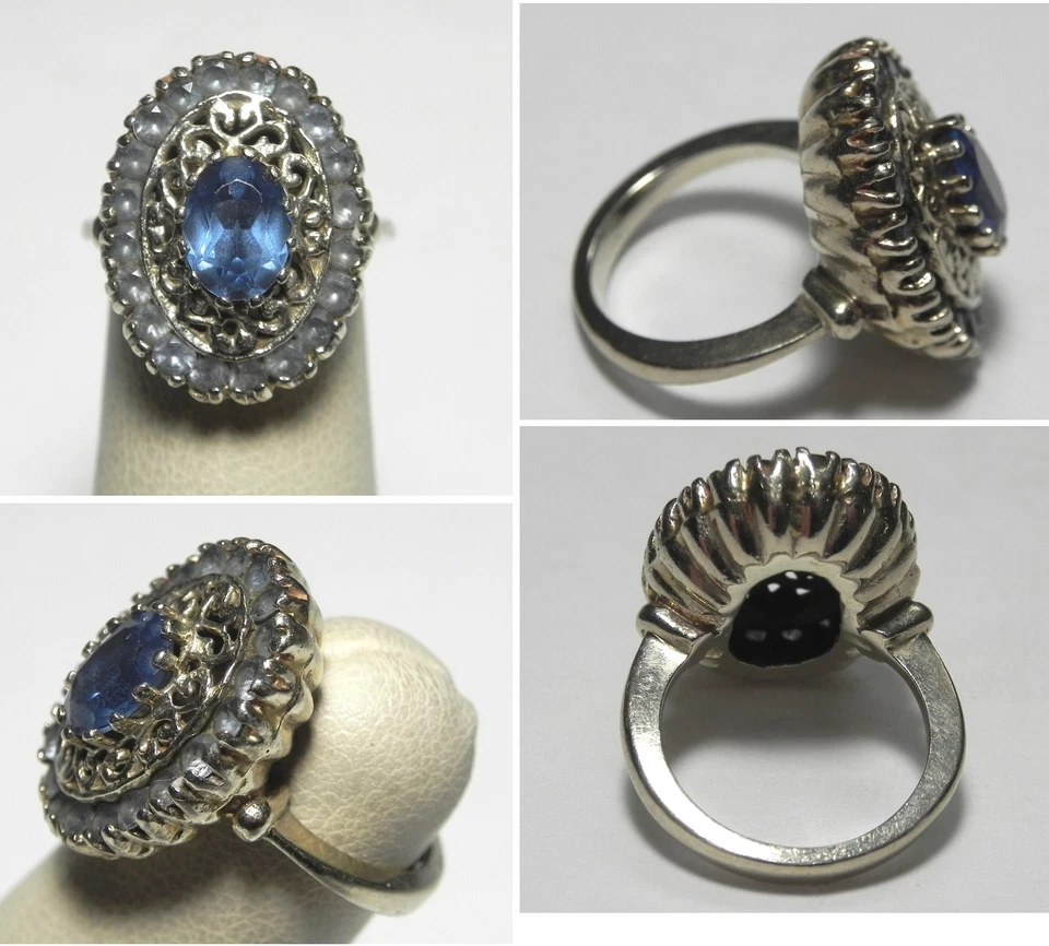 Anillo de cóctel filigrana topacio azul oro blanco 14K sólido V184 Estate, talla 3,25 Foto 1 de 1