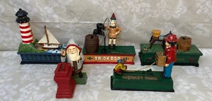 5 Vintage Cast Iron Reproduction Coin Banks Nicely Painted and Decorated - Picture 1 of 12