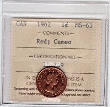 1962 Canada One Cent  Coin - Red; Cameo - ICCS Graded MS-63