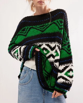 Stunning FREE PEOPLE Wrenly Tunic Sweater In Onyx Green Combo Knit L XL Large - Image 1 of 4