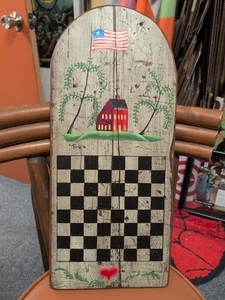 Vintage Primitive Folk Art House Chess Checker Board Wall Hanging 21" X 9" - MS  - Picture 1 of 7