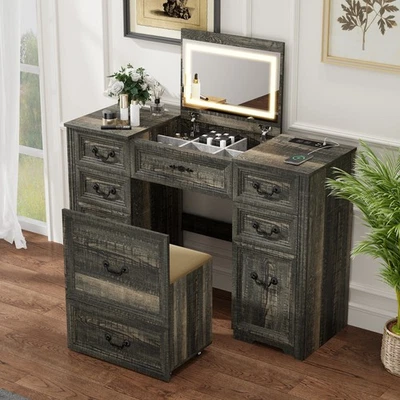 Tocador Escritorio con Espejo Luces LED, Juego de Tocador de Maquillaje con 4 Cajones Foto 1 de 4