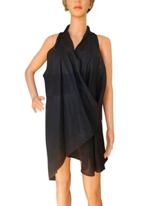 Comfy USA Black Linen Sleeveless Vest Asymmetrical Wrap Top Cardigan Size 1X - Picture 1 of 20