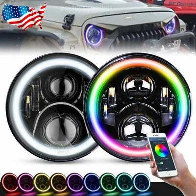 Pair 7'' RGB LED Headlights Halo DRL Lights Combo Kit For Jeep Wrangler JK TJ LJ - Image 1 of 4