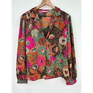 Three Flags Satin Blouse Women Large Button Up Colorful Floral V-Neck Vintage 70 - Picture 1 of 8