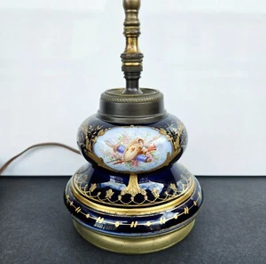 Antike Vintage Französische Sevres Kobaltblau Handbemalt Porzellan Messing Tischlampe - Bild 1 von 7