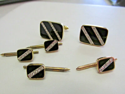 Estate 14k Gold Black Onyx and Diamond Cufflinks and 4 Button Set  MAKE OFFER - Image 1 of 4