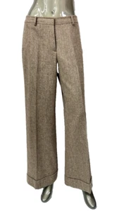 Dana Buchman Herringbone Tweed Pants Womens 10 Brown Wool Wide Leg Cuffed Lined - Picture 1 of 11