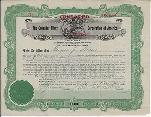 DELAWARE 1920 The Crusader Films Corporation of America Stock Certificate Silent - Imagen 1 de 2