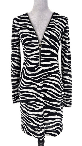 Michael Kors Vestito Donna Piccolo Nero Grigio Stampa Animalier Scollo Zip Pullover Nuovo