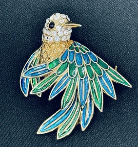 D'ORLAN  Vintage Pin Brooch Bird Hummingbird Clear Pave Rhinestone Enamel Signed - Picture 1 of 11