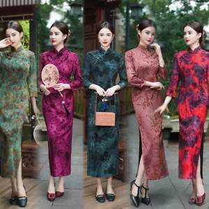 Vestido Tradicional Chino Qipao Mujeres Flocante Largo Cheongsam Noche Vestido de Vestido - Imagen 1 de 6