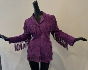 Vintage Gr. S 60er 70er lila Wildleder Leder Fransen Jacke Hippie Festival WW Stiefel - Bild 1 von 8
