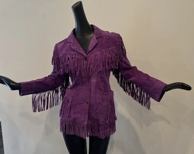 De Colección Talla S 60s 70s Púrpura Gamuza Cuero Flecos Chaqueta Hippy Festival WW Botas Foto 1 de 4