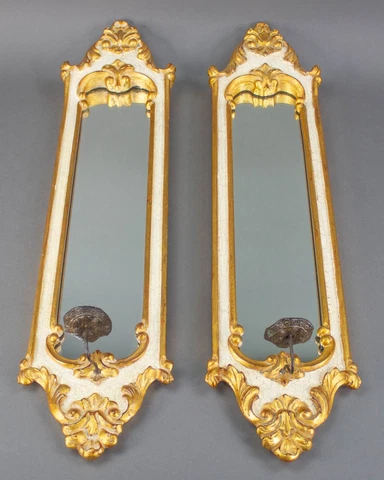 Dauphine Harrison & Gil Hand Carved & Painted Gold Gilt Pair Of Sconce Mirrors Cover