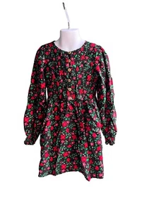 Cat and Jack Girls Long Sleeve Black Dress With Red Flowers S 6/7 - Picture 1 of 2