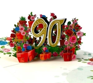 Handgefertigte 3D Pop Up Karte 90 Ninety Happy Birthday Rose Blumentopf Feierlichkeiten - Bild 1 von 7