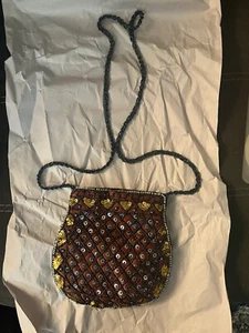 Beaded Purse Bag Of  Red & Gold And Geometric Shapes  Colorful Beaded Strap - Picture 1 of 3