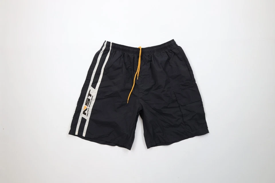 Pantalones Cortos De Colección Años 90 Nautica Sport Tech Para Hombres Medianos Desteñidos Deletrear Sobre la Rodilla Negros Foto 1 de 4