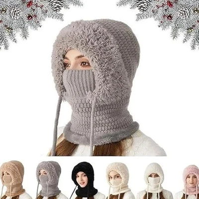 Sombrero tejido 3 en 1 para mujer Gorro de invierno Cuello térmico Polaina Con capucha Orejeras Gorra TL Foto 1 de 4