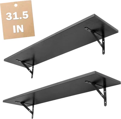 31.5 Inch Floating Wall Shelves Set of 2 with Metal Brackets (Black)