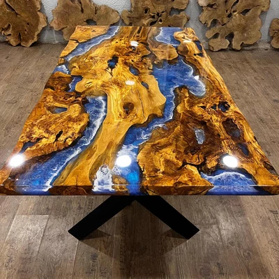 Custom Ocean Epoxy Table Top Blue Resin Desk , Live Edge Olive Epoxy Resin Table - Image 1 of 4