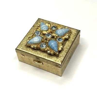 Vintage Trinket Pill Box Gold Tone with Blue Rhinestones - Image 1 of 4