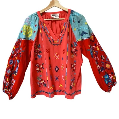 Savanna Jane Shirt Women Medium Pink Red Embroidered Puffy Balloon Floral Boho - Image 1 of 4