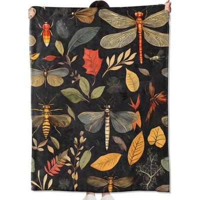 Insects and Leaves Floral Blanket Gifts for Adult ,Dragonfly Bee Botanical Th... - Image 1 of 4