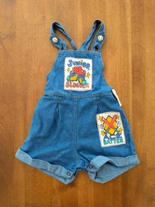 NEW Vtg 90s Toddler Denim Overalls Jeans Shortalls Y2K Size 12 Mos. Baseball - Picture 1 of 10