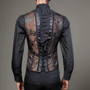 Mens Brown Corset Dress Waistcoat Vintage Lace Up Boned Costume Vest Wedding - Picture 1 of 9