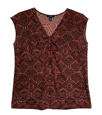 Camiseta sin mangas Chaps, rojo ladrillo, marrón y tostado estampado geométrico con elástico, talla 1X Foto 1 de 3