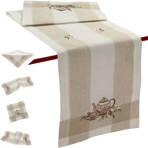 Dotted Teapot Flower Spring Embroidery Tablecloth Table runner Half-Linen Beige - Picture 1 of 7