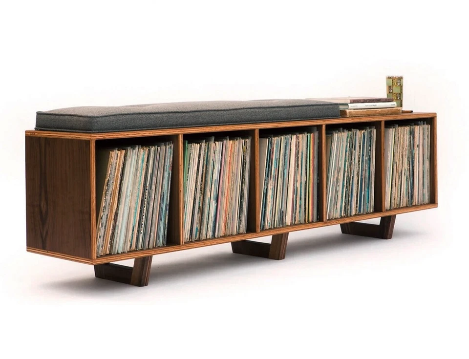 Banco de almacenamiento de discos de vinilo LP moderno de mediados de siglo ESTANTE NOGAL gabinete tocadiscos Foto 1 de 4