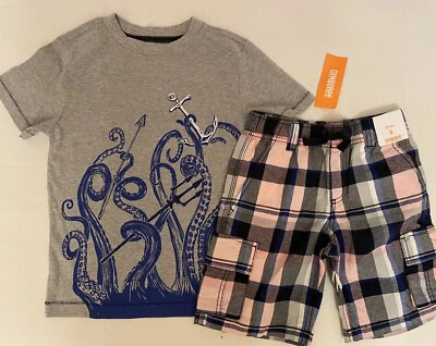 NUEVO CON ETIQUETAS Chicos 6 Gymboree “JAWSOME” Algodón Gris/Azul/Rosa PANTALONES CORTOS CARGO A CUADROS Y TOP 2 piezas Foto 1 de 4