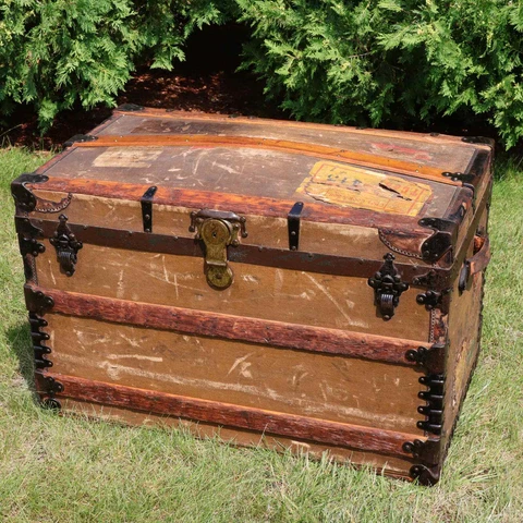Free Shipping Sage Curve Top Antique Steamer Trunk Brown Canvas & Iron 1880's Cover