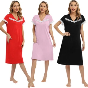 Women Short Sleeve Nightdress Solid Sleep Loungewear Pajama Dress Nightgown - Picture 1 of 15