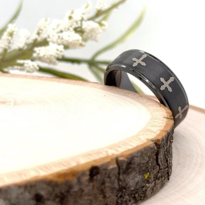 8mm Tungsten Carbide Modern Ring Black Cross Design & brushed Silver Unisex Band - Image 1 of 4
