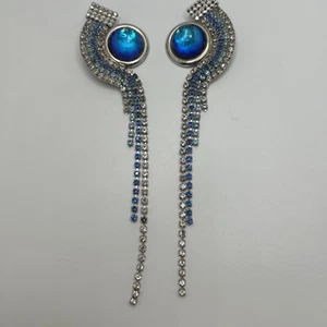 Idemaria Italy Drop Clip-on Tidal Wave EARRINGS Clear Blue Shoulder Duster - Picture 1 of 22