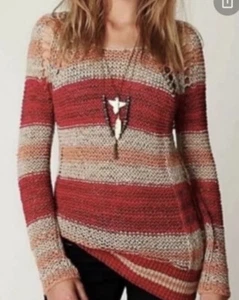 Free People Desert Moon Sweater Cream Rust Size Medium Boho Knit Stripe - Picture 1 of 11