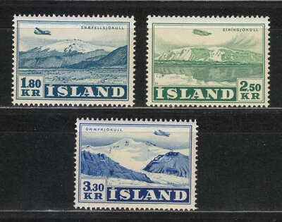 Avión Islandia 1952 MNH Mi 278-280 Sc C27-C29 sobre volcán y glaciar ** Foto 1 de 2